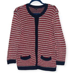 Talbots Cardigan Sweater Classic Red White Navy Snap Front Cotton Woven Sz M